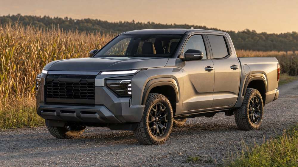 A realistic midsize pickup truck parked beside a cornfield at golden hour