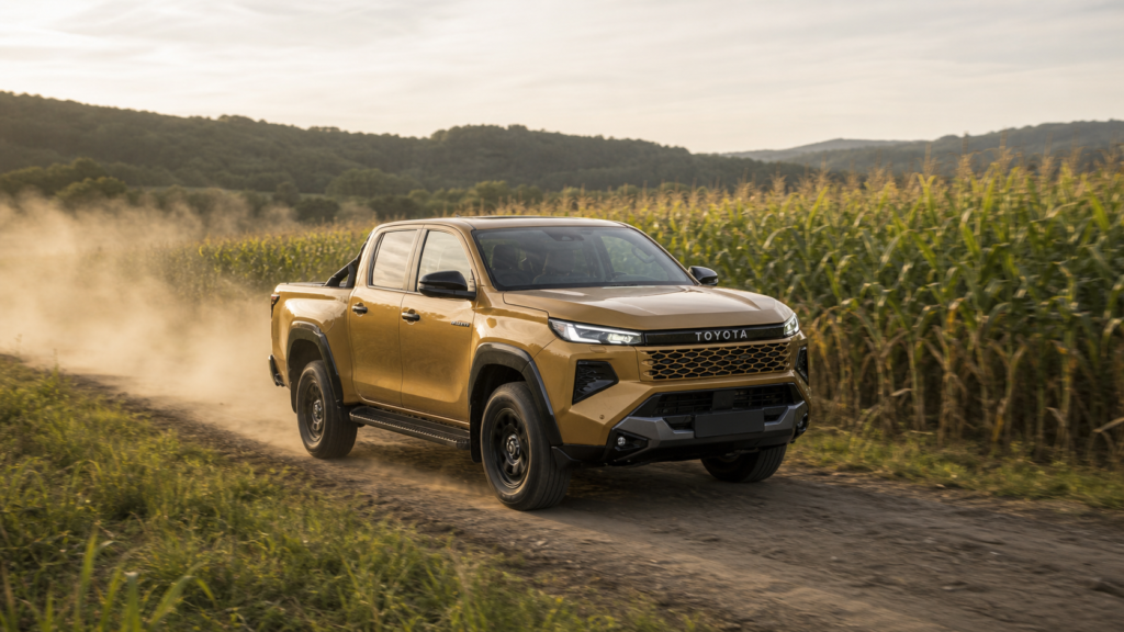 Sulphur yellow ninth-generation Toyota Hilux driving beside a cornfield