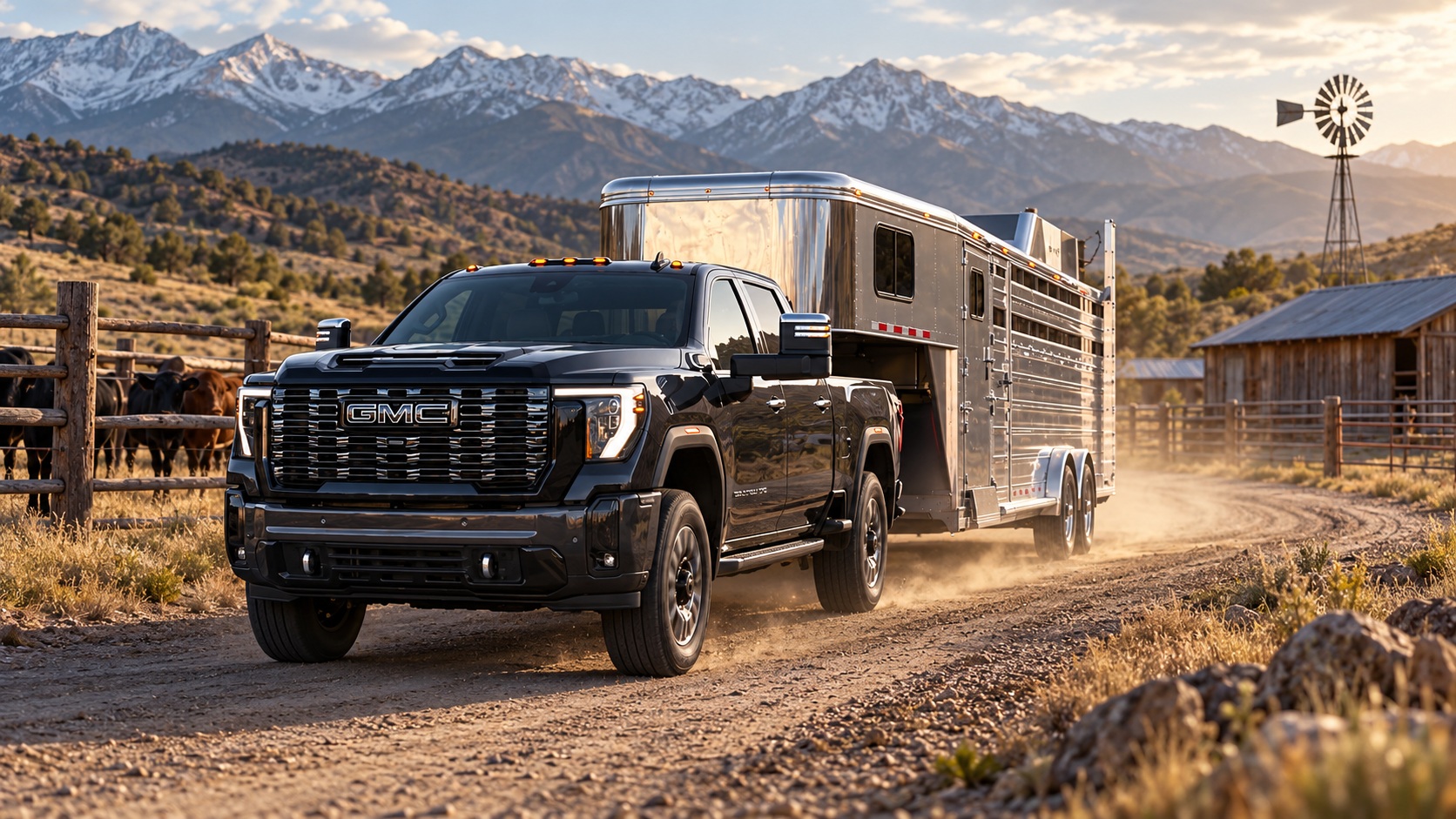 Black GMC Sierra HD towing a livestock trailer along a ranch road.