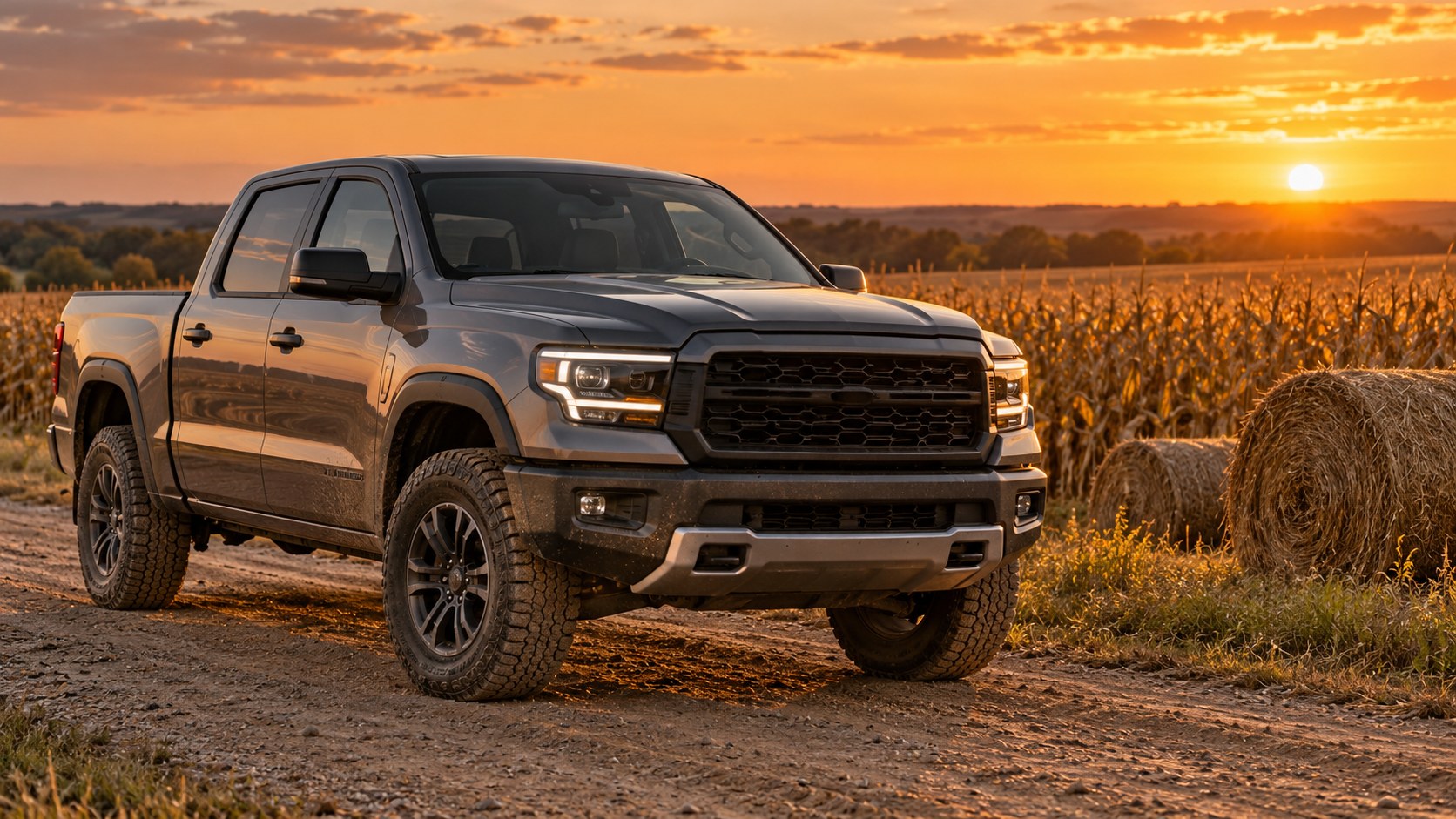 Rugged midsize pickup truck parked beside a cornfield at sunset